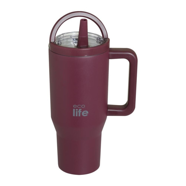 EcoLife Ανοξείδωτο Ποτήρι Θερμός με Καλαμάκι 2Handles Lid Tumbler 900ml Granberry