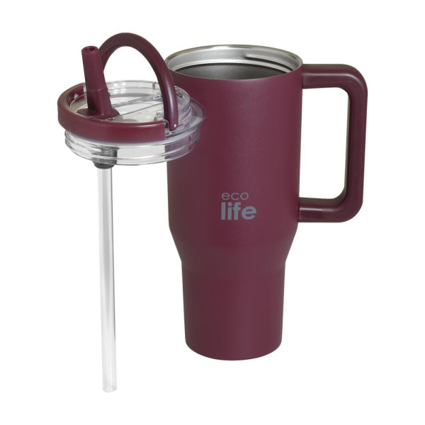 EcoLife Ανοξείδωτο Ποτήρι Θερμός με Καλαμάκι 2Handles Lid Tumbler 900ml Granberry