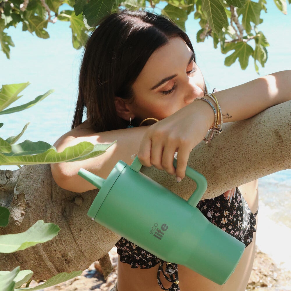 EcoLife Ανοξείδωτο Ποτήρι Θερμός με Καλαμάκι 2Handles Lid Tumbler 900ml Green Tea