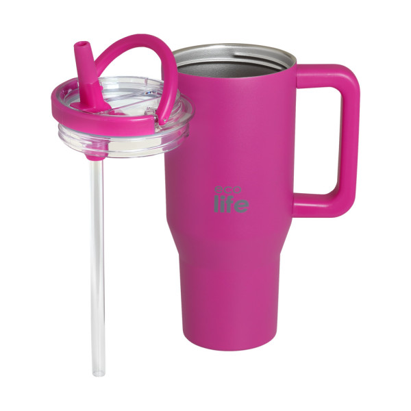 EcoLife Ανοξείδωτο Ποτήρι Θερμός με Καλαμάκι 2Handles Lid Tumbler 900ml Neon Magenta