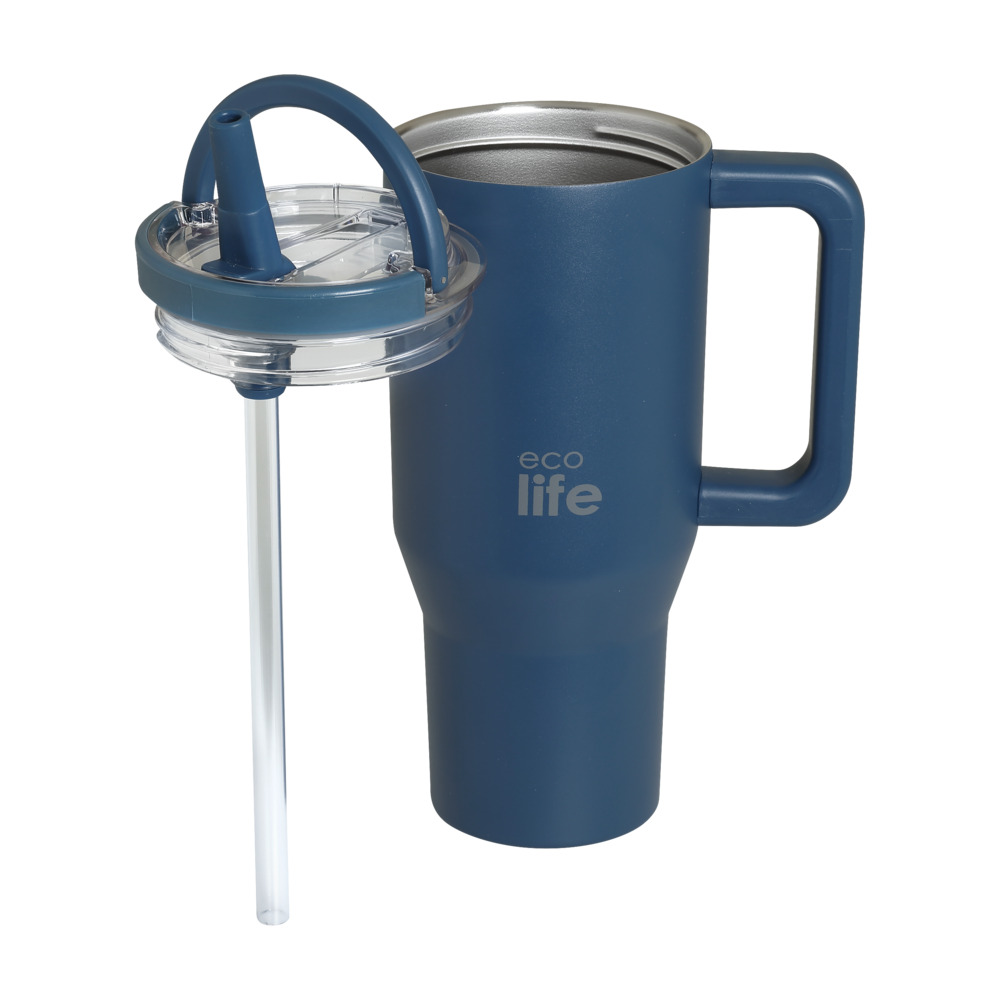 EcoLife Ανοξείδωτο Ποτήρι Θερμός με Καλαμάκι 2Handles Lid Tumbler 900ml Blue Marine