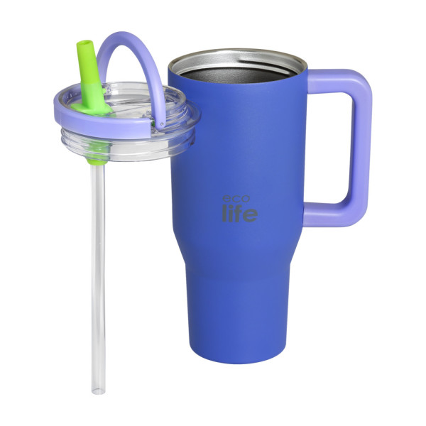 EcoLife Ανοξείδωτο Ποτήρι Θερμός με Καλαμάκι 2Handles Lid Tumbler 900ml Blue Purple