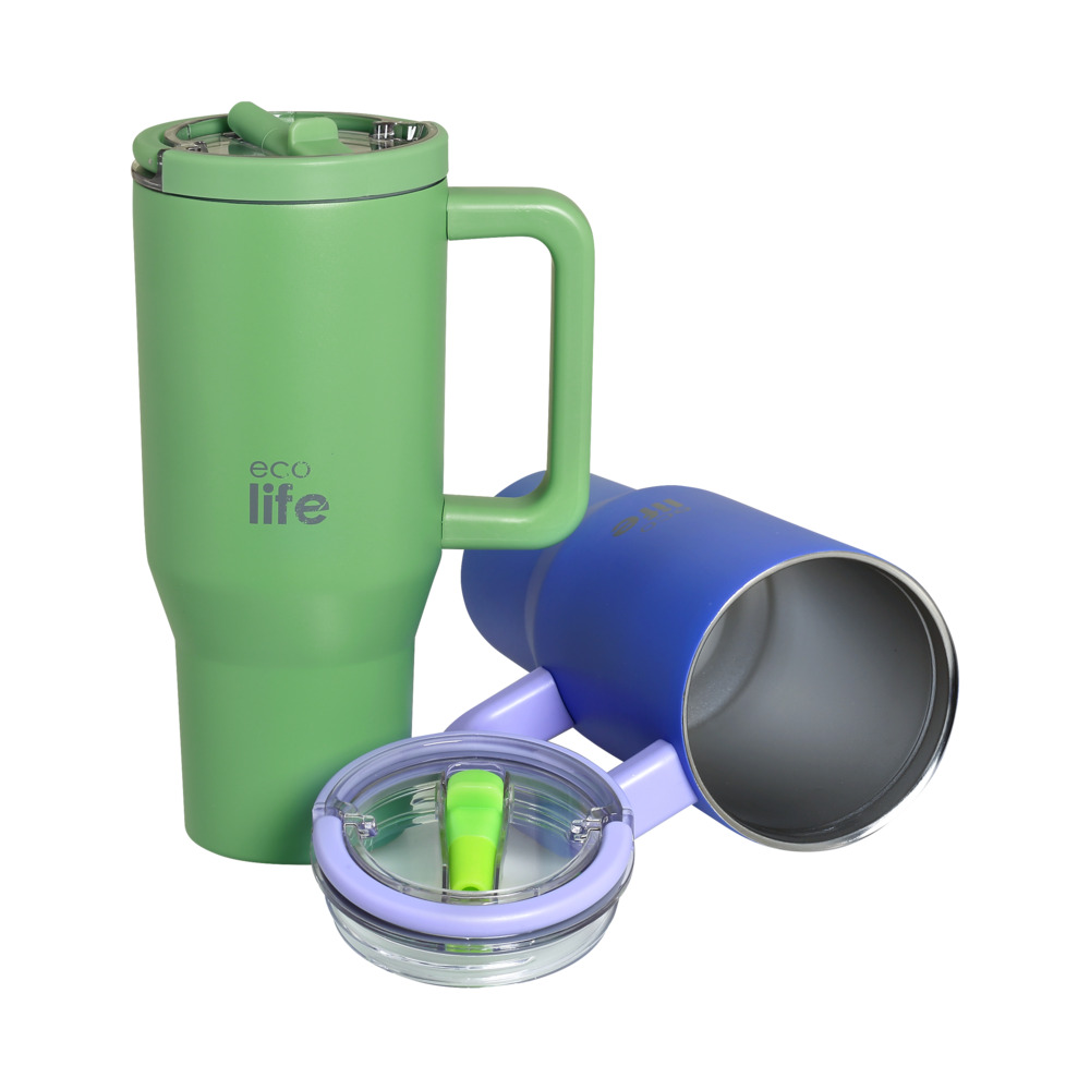 EcoLife Ανοξείδωτο Ποτήρι Θερμός με Καλαμάκι 2Handles Lid Tumbler 900ml Blue Purple