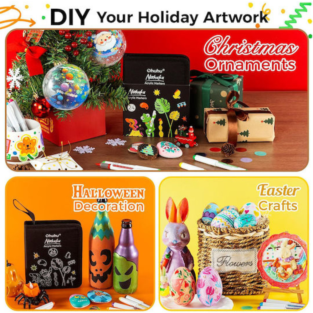 Ohuhu Σετ 24 Ανεξίτηλων Ακρυλικών Μαρκαδόρων Neon