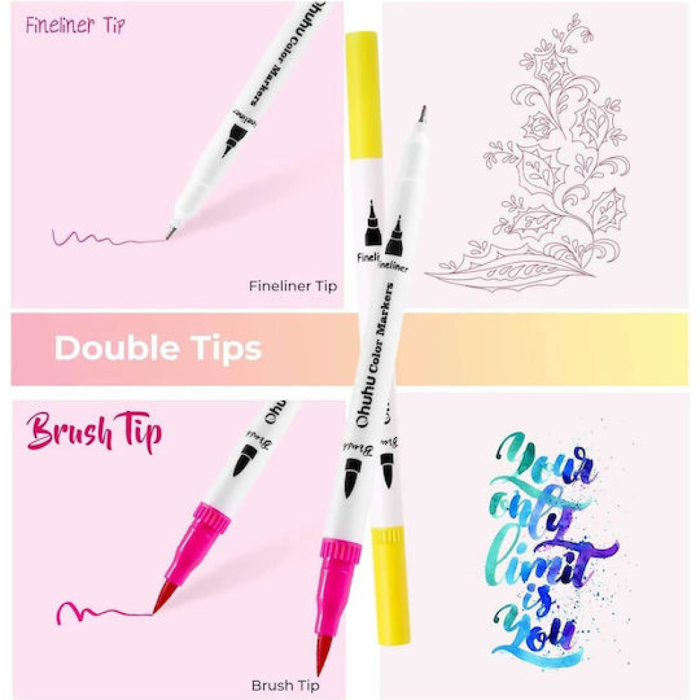Ohuhu Art Markers Σετ Μαρκαδόρων 120 Χρωμάτων με Βάση το Νερό Brush & Fineliner