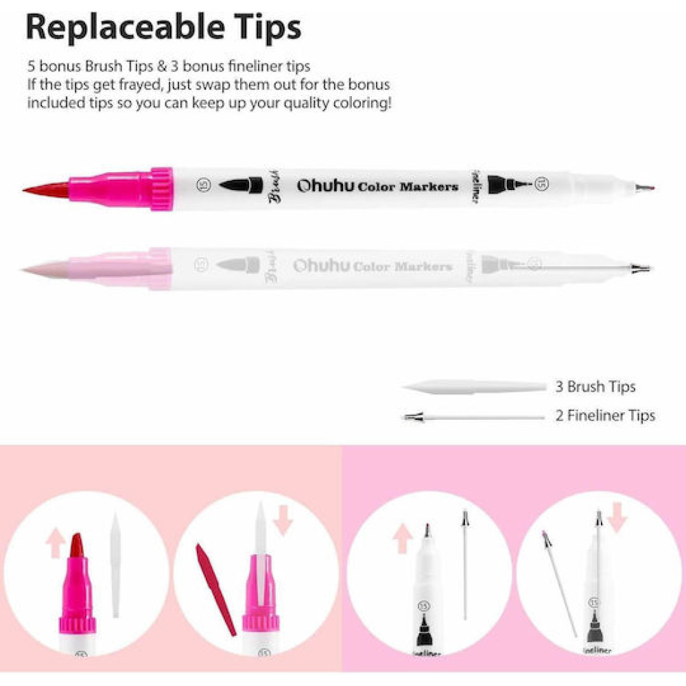 Ohuhu Art Markers Σετ Μαρκαδόρων 120 Χρωμάτων με Βάση το Νερό Brush & Fineliner
