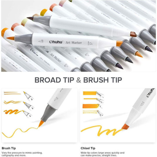 Ohuhu Honolulu Σετ 24 Μαρκαδόρων Αλκοόλης με Διπλή Μύτη Skin Tone Brush & Chisel