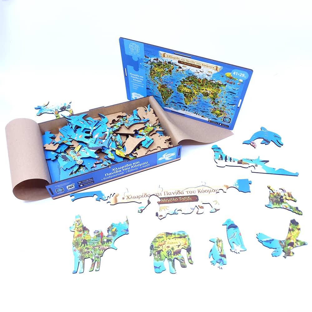 Ξύλινο Παζλ Παγκόσμιος Χάρτης AR "Χλωρίδα και Πανίδα του Κόσμου" 100τμχ