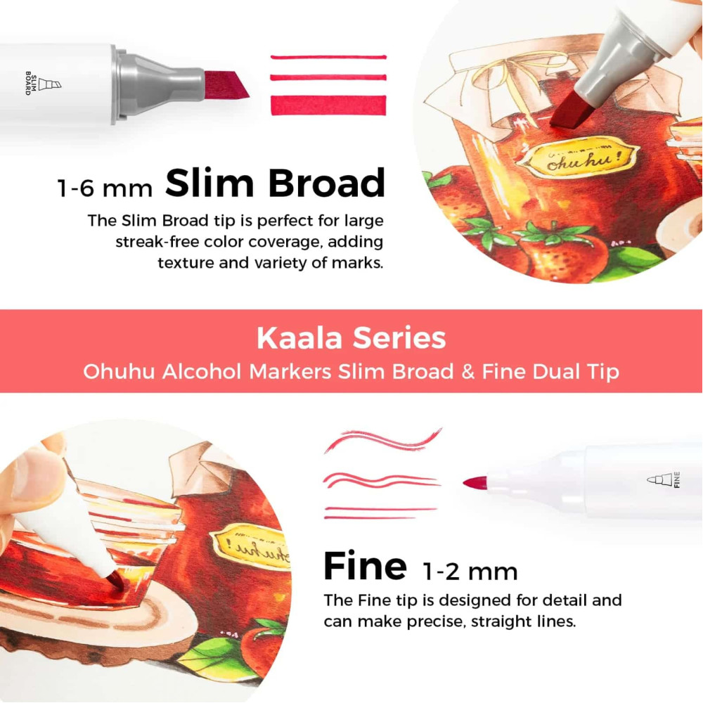 Ohuhu Kaala Σετ 24 Μαρκαδόρων Αλκοόλης Slim Broad and Fine Dual Tips - Basic Colors