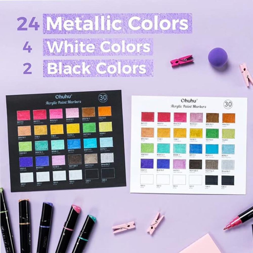 Ohuhu Σετ 30 Ανεξίτηλων Ακρυλικών Μαρκαδόρων με Διπλή Μύτη - Μεταλλικά Χρώματα