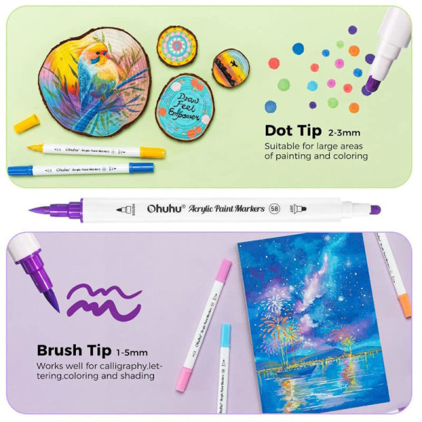 Ohuhu Σετ 36 Ανεξίτηλων Ακρυλικών Μαρκαδόρων με Διπλή Μύτη: Cotton - Core Fine & Dot