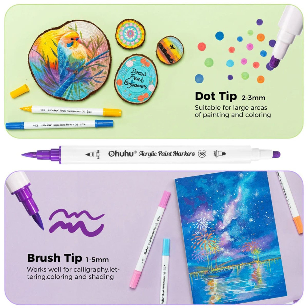 Ohuhu Σετ 36 Ανεξίτηλων Ακρυλικών Μαρκαδόρων με Διπλή Μύτη: Cotton - Core Brush & Fine