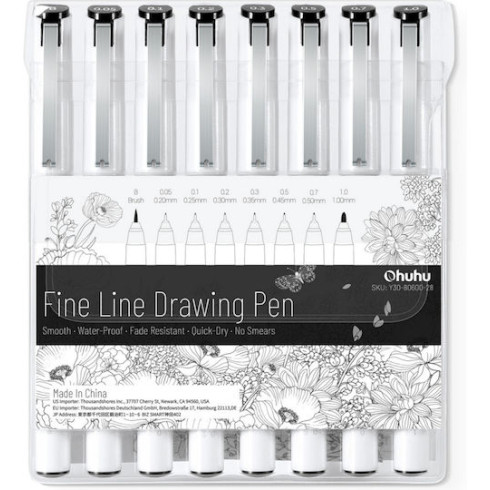 Ohuhu Fineliner Σετ 8 Μαύρα Πενάκια Σχεδίου