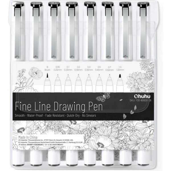 Ohuhu Fineliner Σετ 8 Μαύρα Πενάκια Σχεδίου