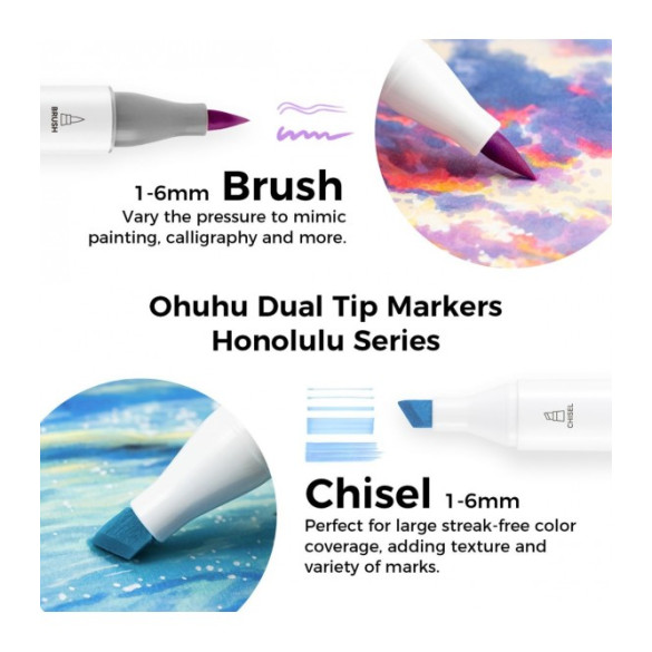 Ohuhu Honolulu Σετ 6 Μαρκαδόρων Αλκοόλης Brush & Chisel - Purple Tones
