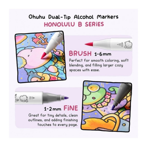 Ohuhu Honolulu B Σετ 48 Μαρκαδόρων Αλκοόλης Fine & Brush με Coloring Book Coco Wyo Cozy Mood